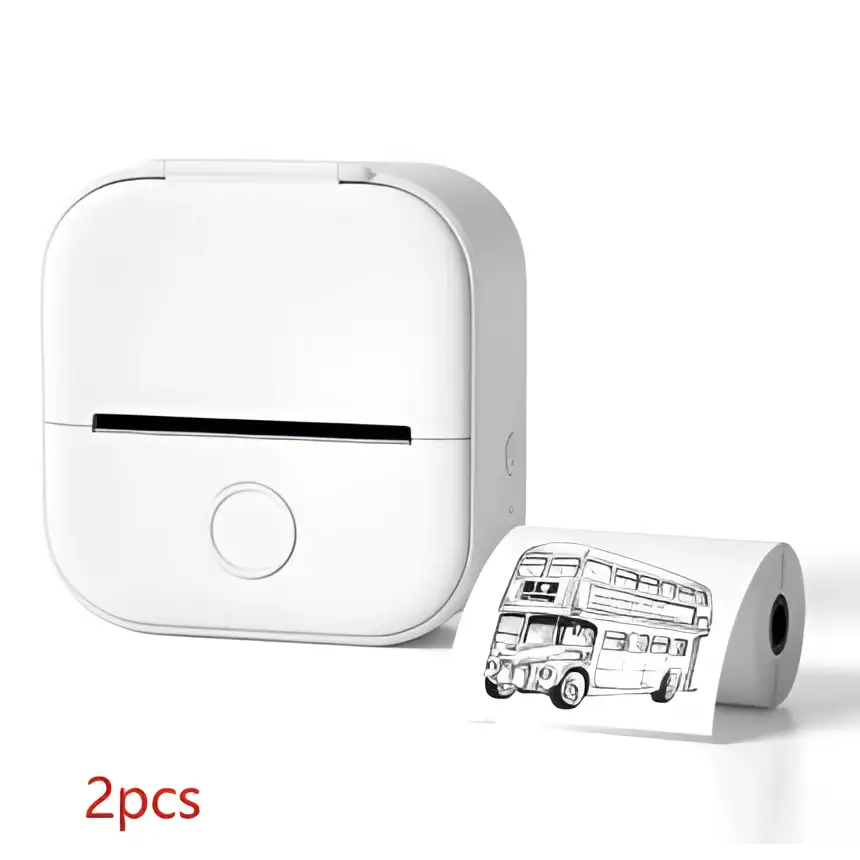 White portable mini label printer with black lettering thermosensitive printing and compact rounded design for sticky paper rolls