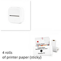 White portable mini label printer with black lettering thermosensitive sticky paper rolls and a horizontal output slot