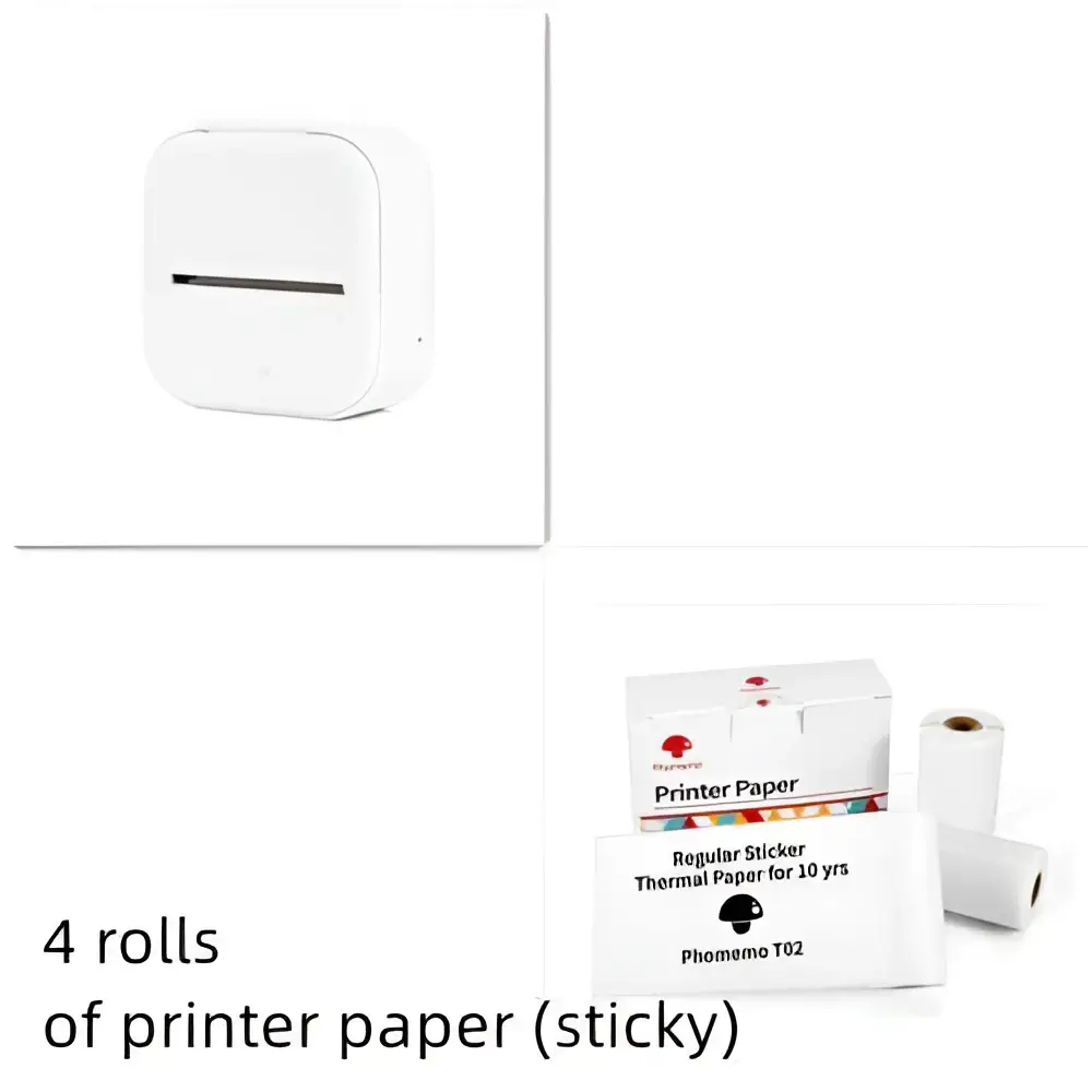 White portable mini label printer with black lettering thermosensitive sticky paper rolls and a horizontal output slot