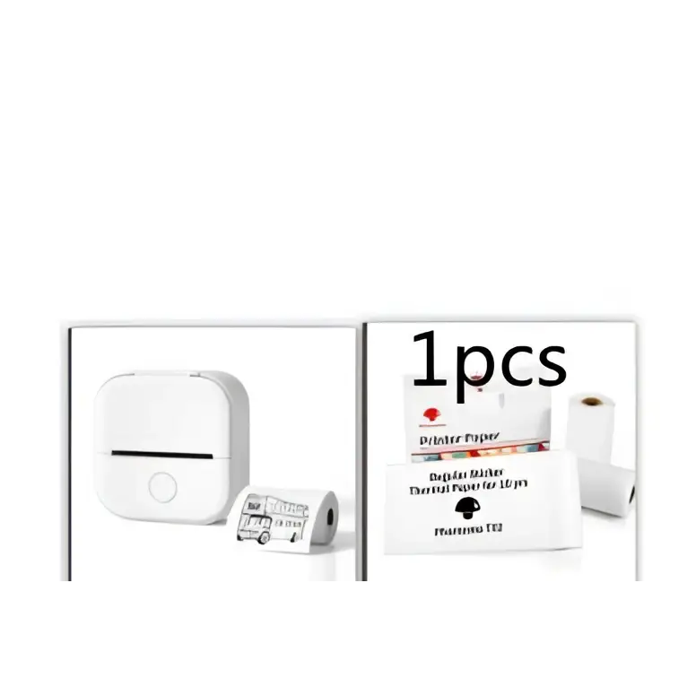 White portable mini label printer with roll of sticky black lettering thermosensitive paper for compact use