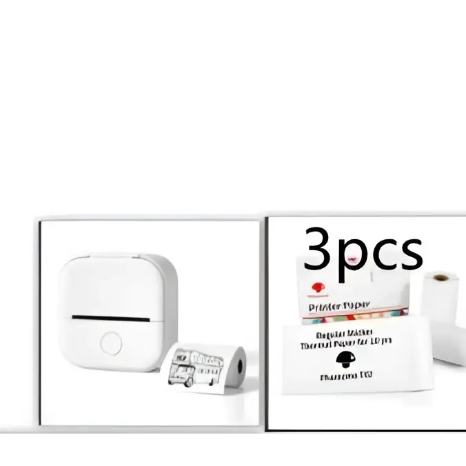 White portable mini label printer with black lettering thermosensitive rolls for compact and efficient labeling