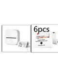 White portable mini label printer with rounded edges and circular button with six rolls of black lettering thermosensitive paper