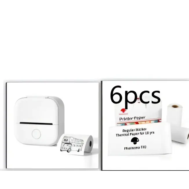 White portable mini label printer with rounded edges and circular button with six rolls of black lettering thermosensitive paper