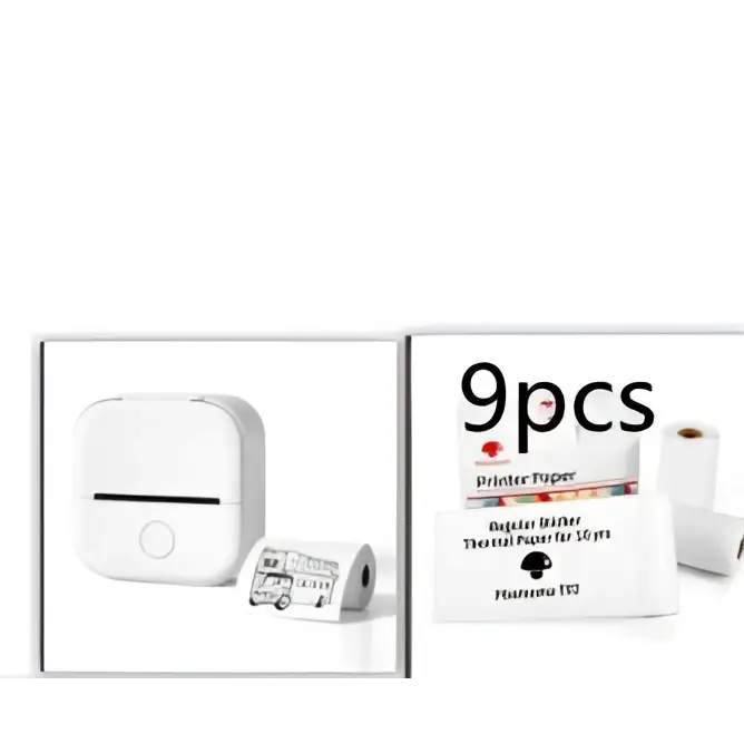 White portable mini label printer with black lettering thermosensitive sticky paper rolls for compact use