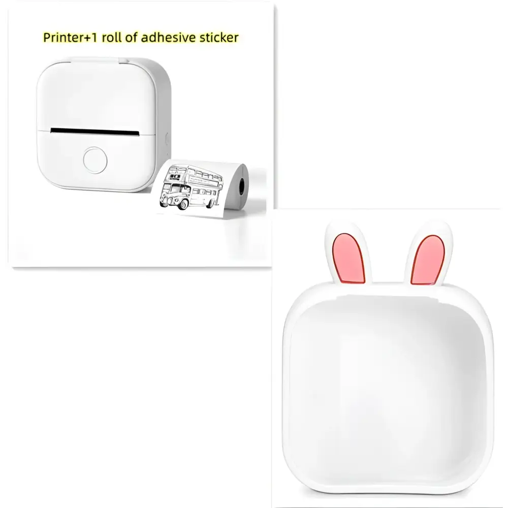 White portable mini label printer with bunny ears and pink inner details using black lettering thermosensitive paper rolls
