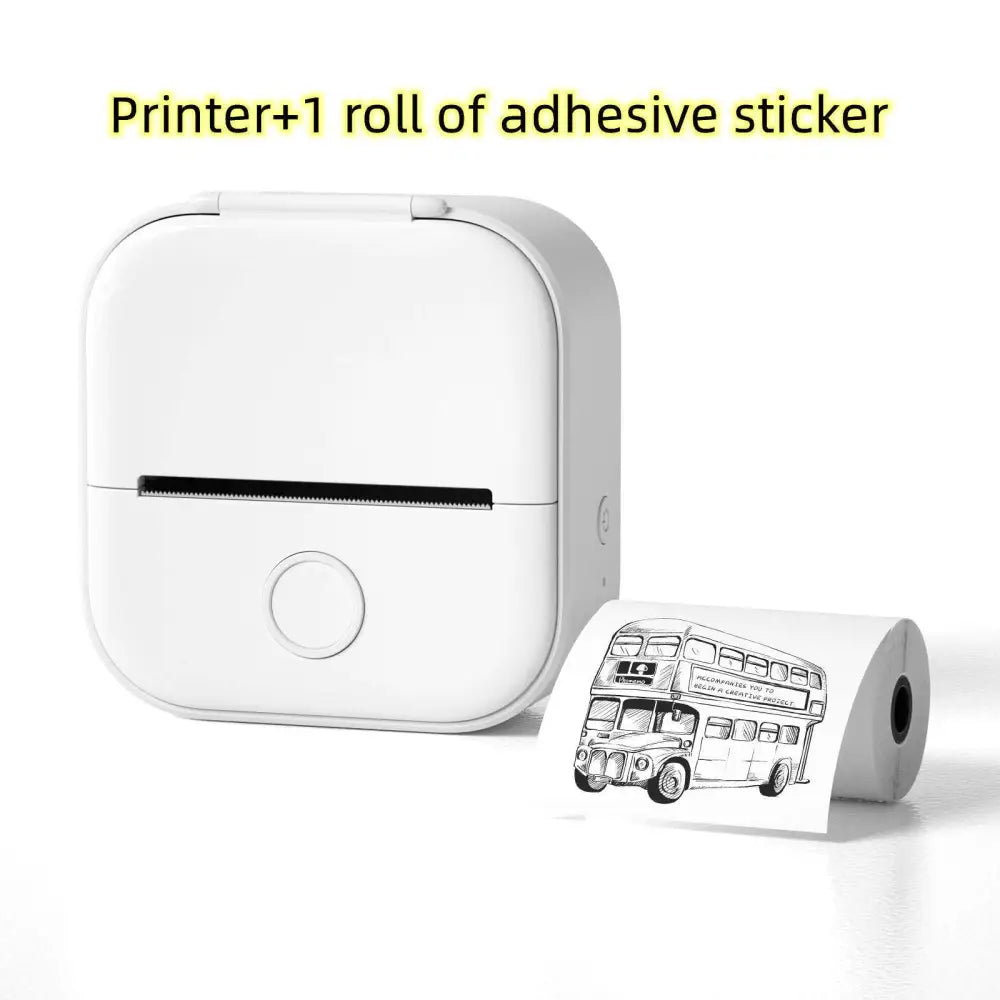 White portable mini label printer with black lettering thermosensitive roll printing a vintage double-decker bus sticker