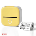 Yellow and white portable mini label printer with black lettering thermosensitive roll paper printing a bus illustration