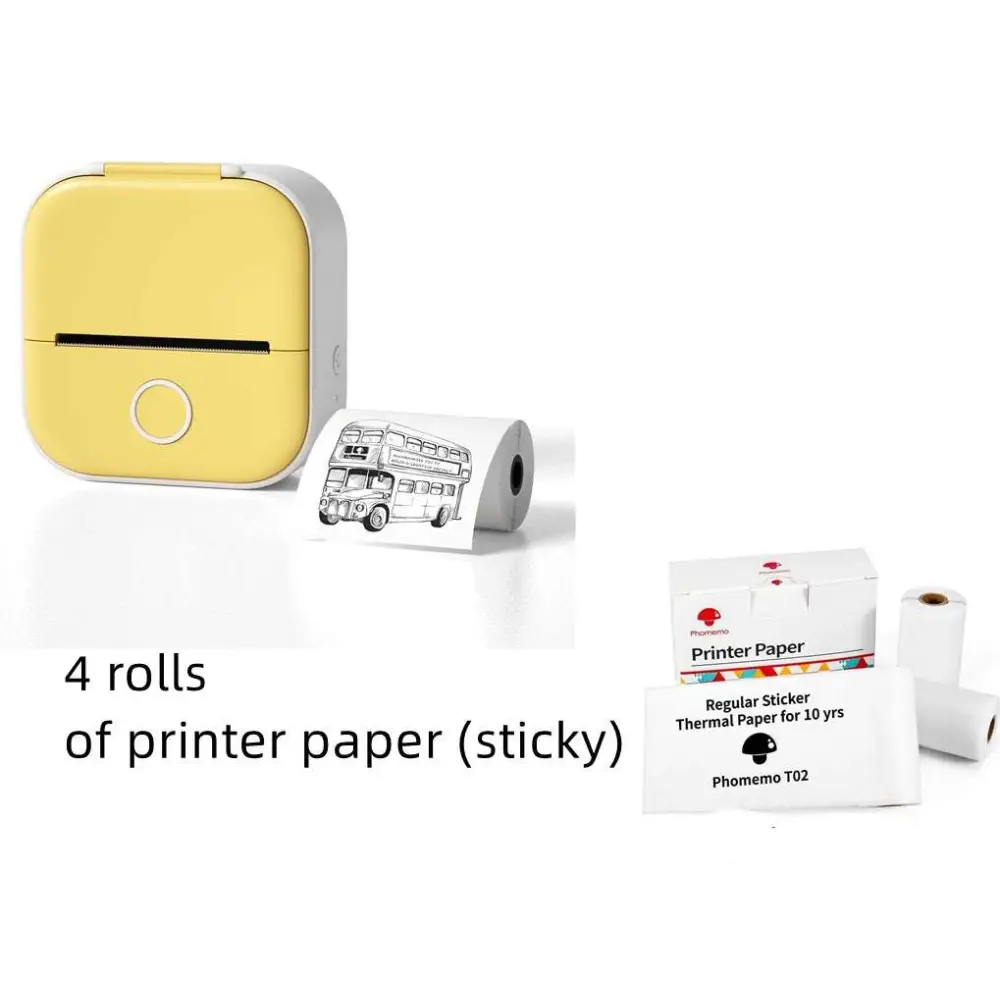 Yellow portable mini label printer with white accents and black lettering thermosensitive sticky paper rolls