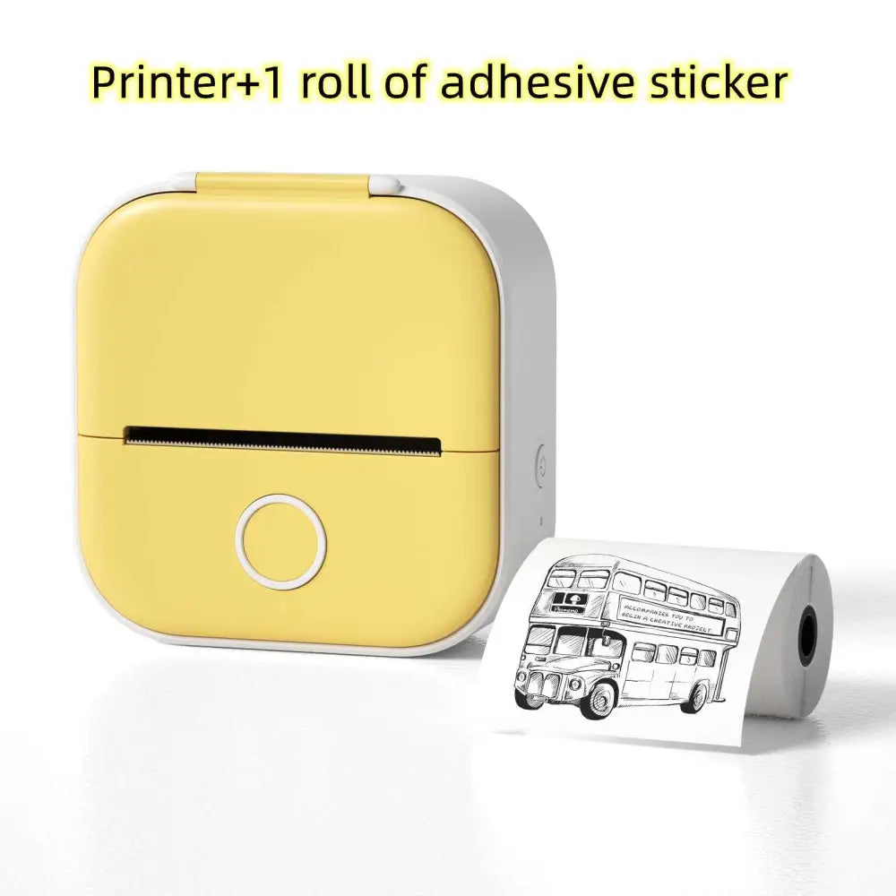 Compact yellow and white portable mini label printer with circular button and black lettering thermosensitive sticky paper rolls
