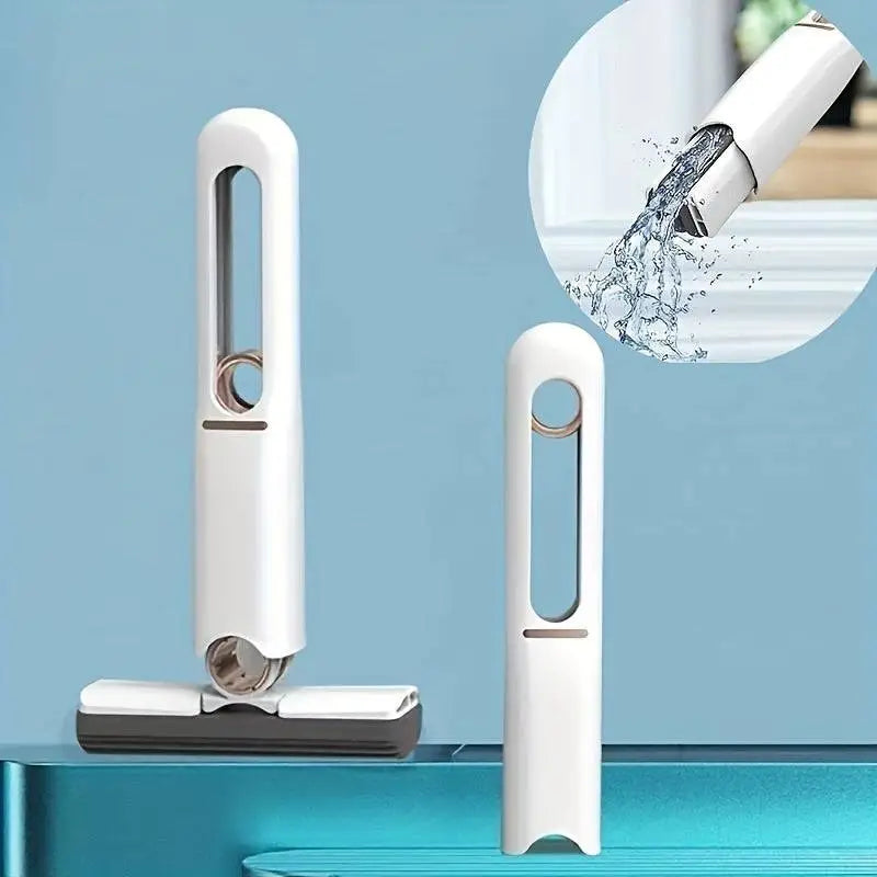 White plastic and metal portable self-squeezing mini mop with absorbent cotton head and gray rubber squeegee blade