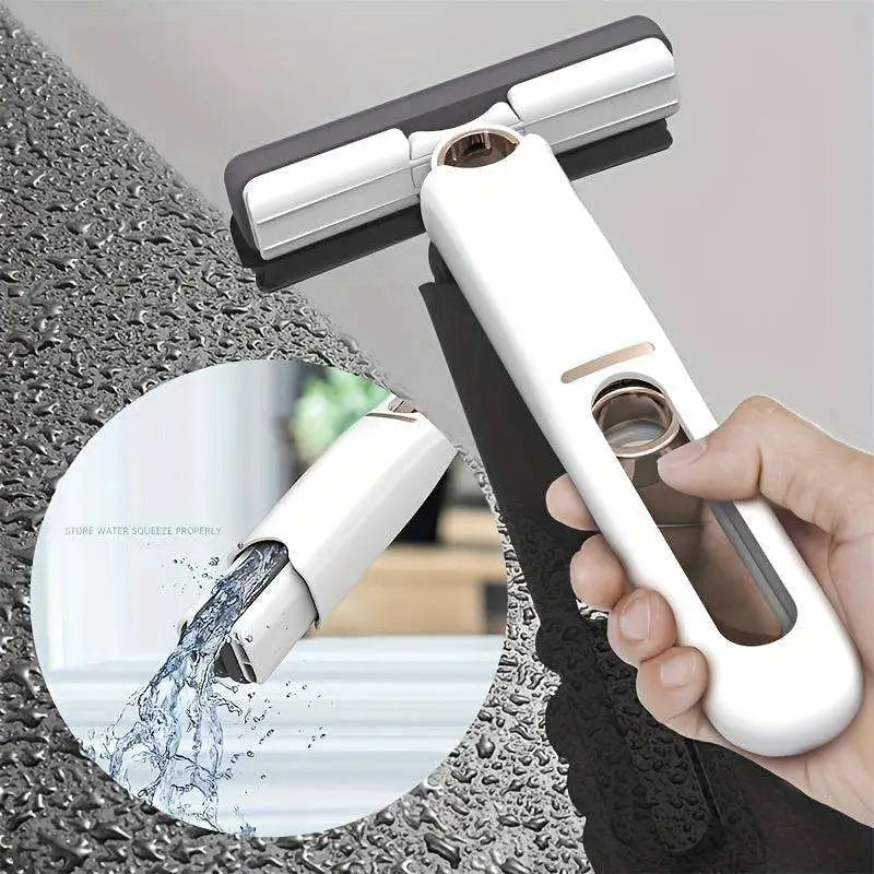 Portable self-squeezing mini mop with absorbent cotton head and white plastic metal squeegee with black rubber blade