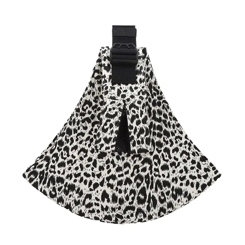 Portable one-shoulder strap big baby carrier with black and white leopard print fabric and adjustable black strap