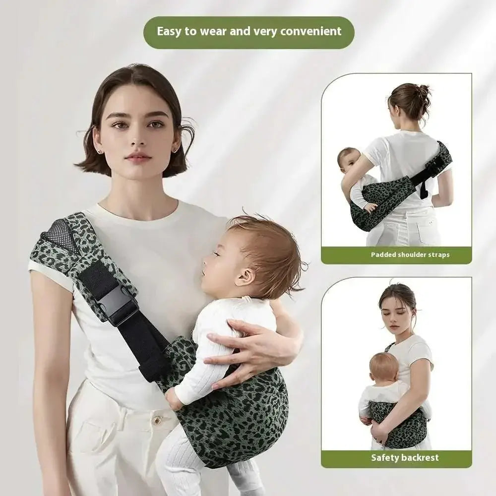 Black and green leopard print portable one-shoulder strap big baby carrier with padded shoulder straps and safety backrest