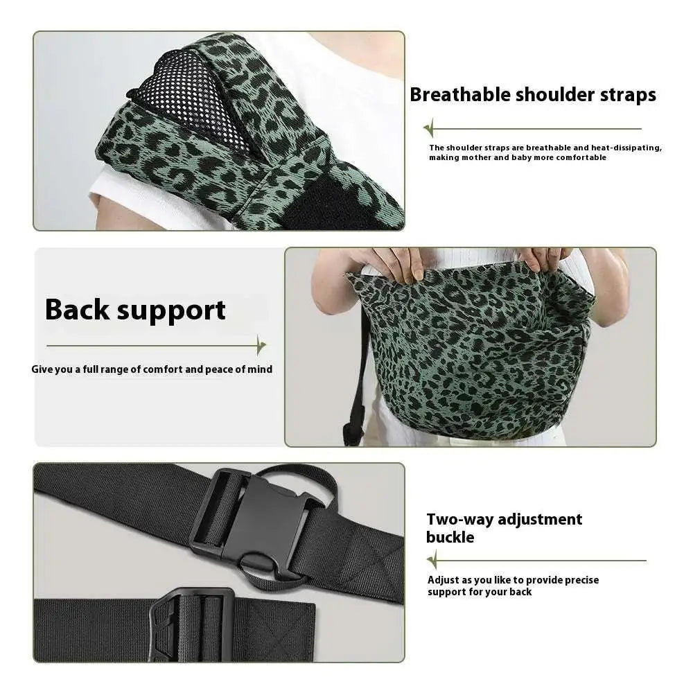 Portable one-shoulder strap big baby carrier with green and black leopard print breathable straps and back support