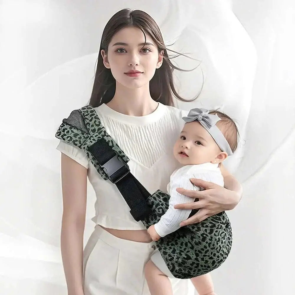 Black pinstriped portable one-shoulder strap big baby carrier with mesh pocket and adjustable strap