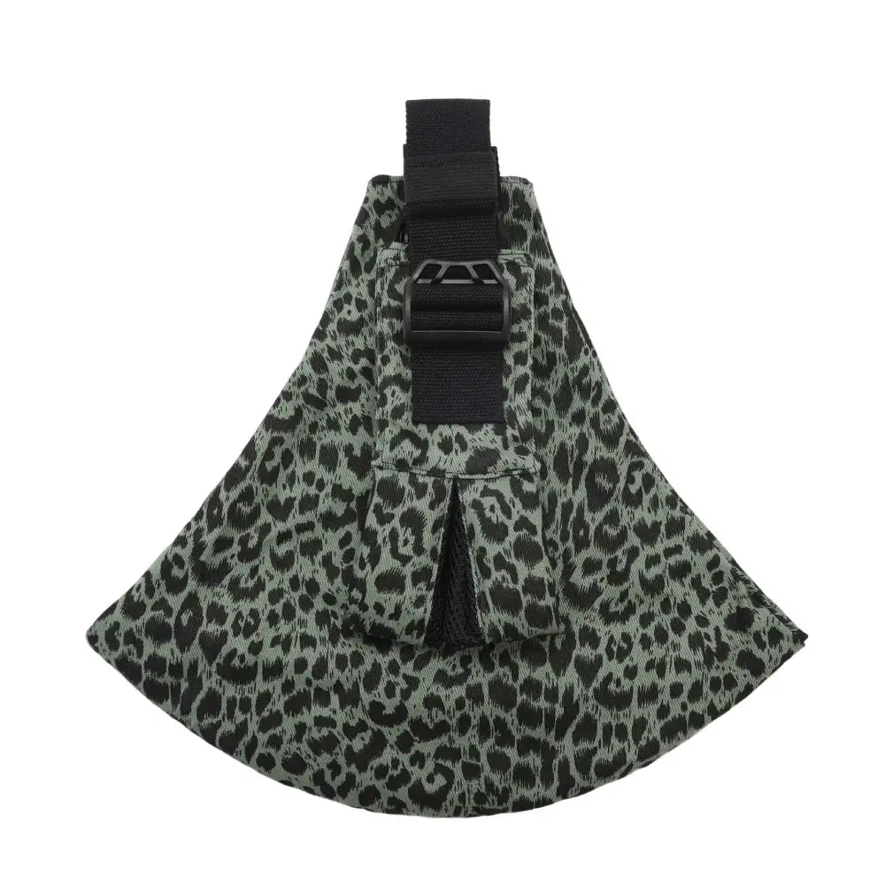 Portable one-shoulder strap big baby carrier in olive green and black leopard print fabric with adjustable black strap