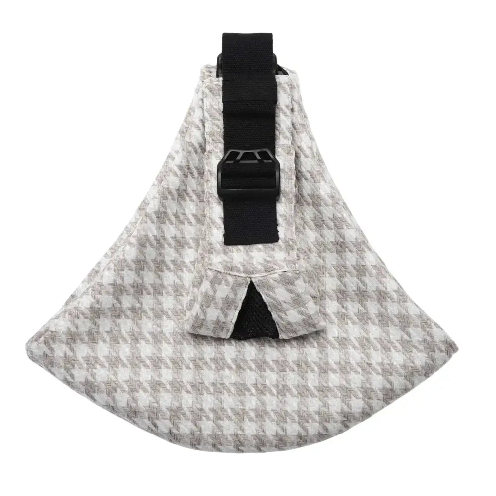 Portable one-shoulder strap big baby carrier in gray and white houndstooth pattern with black adjustable strap