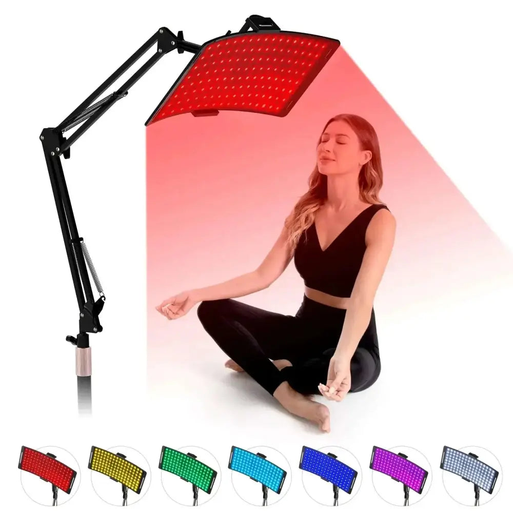 Black adjustable led light panel with red illumination portable red light therapy device for face and body wellness sessions
