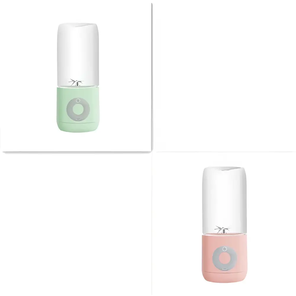 Pastel green and pink mini portable blender with glass container and circular button portable usb automatic juicer