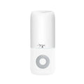 White portable usb automatic mini juicer with transparent upper section and silver blade assembly in glass cups