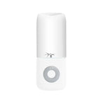 White portable usb automatic mini juicer with transparent upper section and silver blade assembly in glass cups