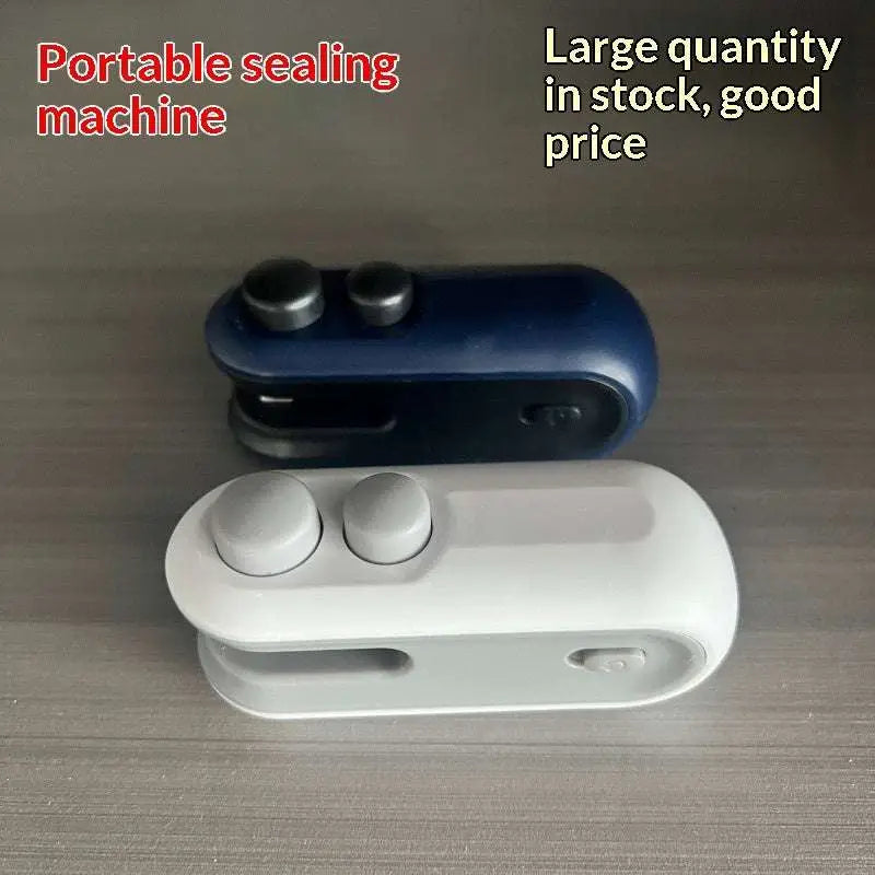 Blue and white portable usb heat sealer with rounded button design and integrated magnetic storage clip for sealing needs