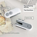 White and gray portable usb heat sealer with dual-function magnetic storage clip and two circular buttons for easy use