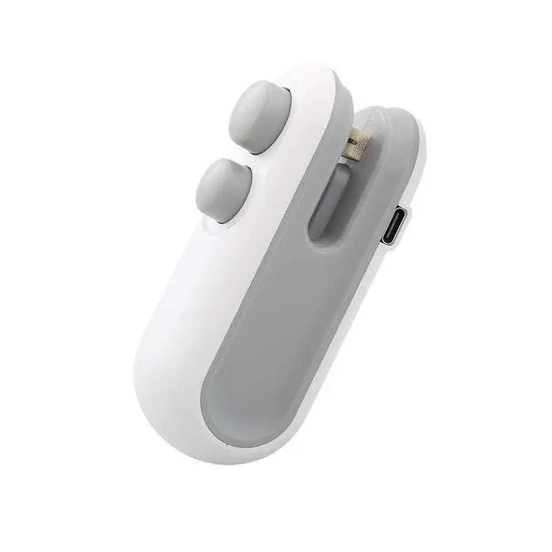 White and gray portable usb heat sealer with dual-button design and magnetic storage clip for ergonomic use