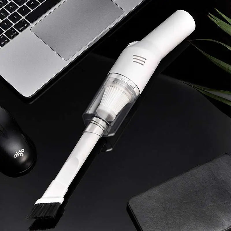 Portable wet dry white handheld dry car vacuum with black brush attachment and transparent dust collection chamber