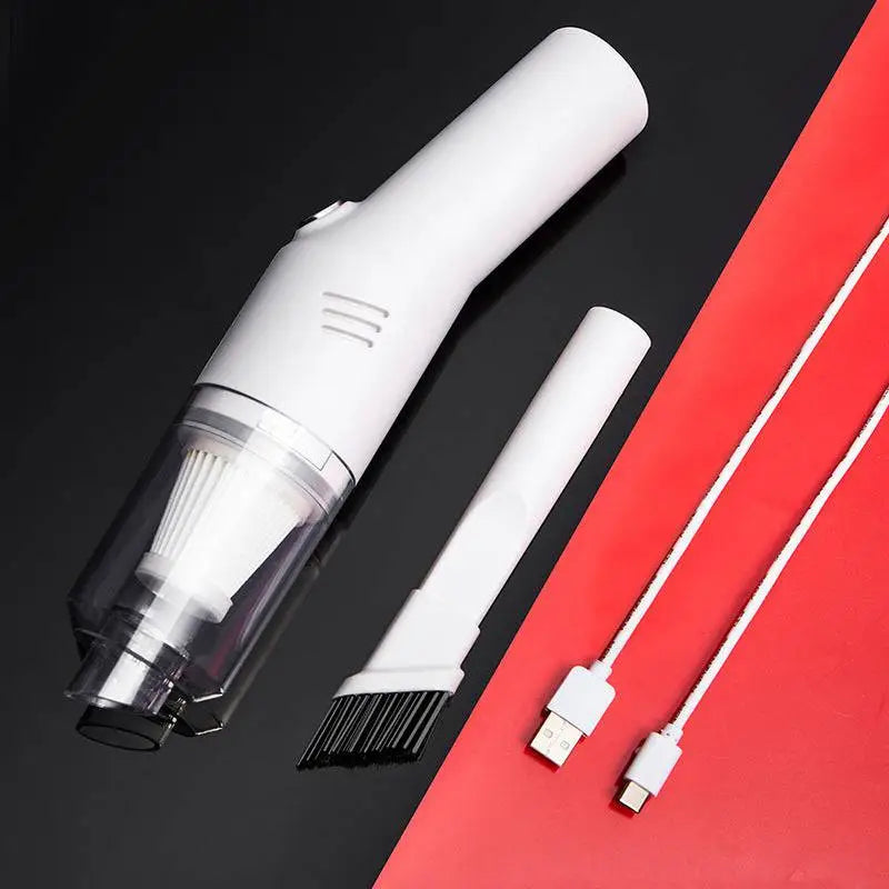 White handheld portable wet dry car vacuum cleaner with transparent dust collection chamber and detachable brush attachment