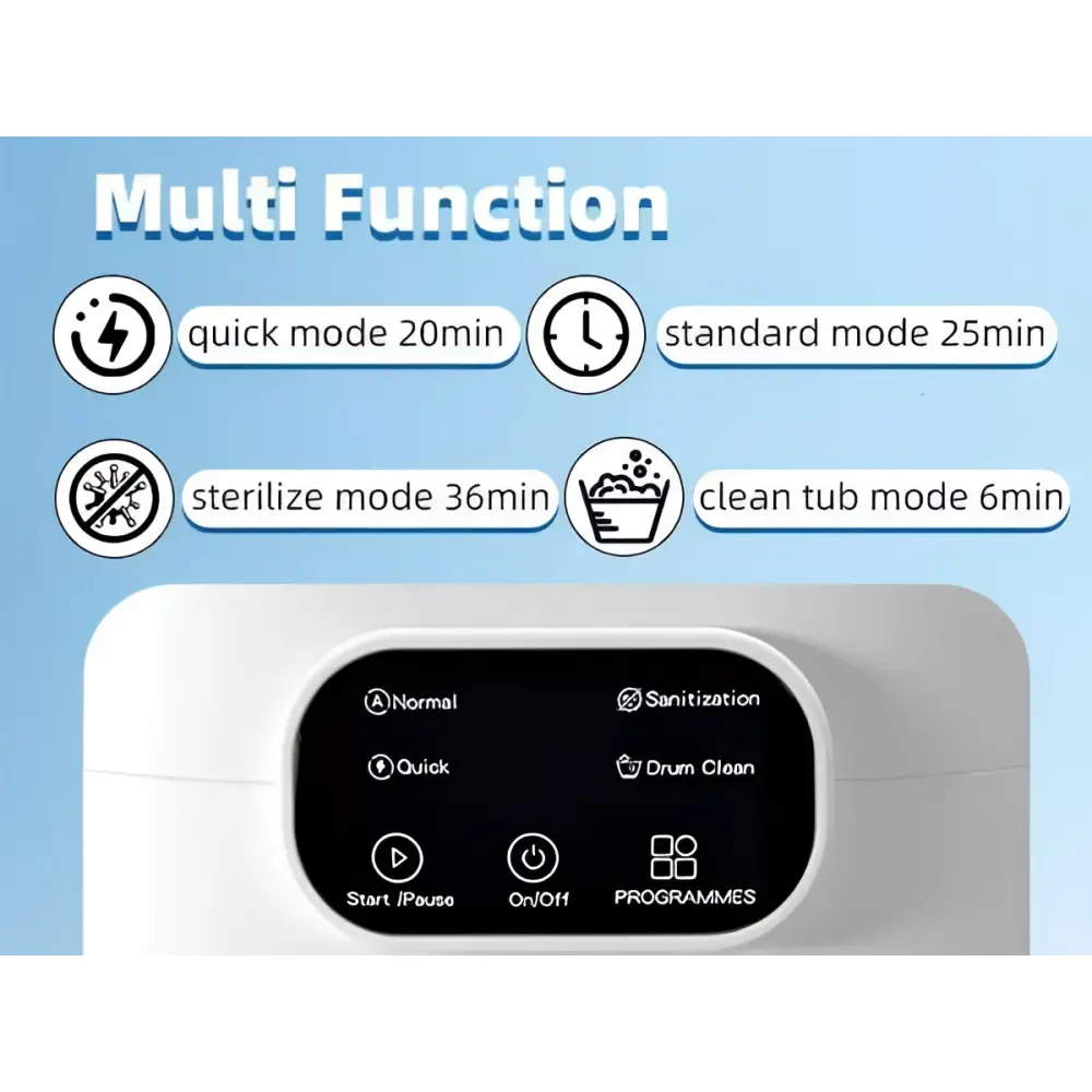 Portable white mini underwear washing machine with black control panel and labeled buttons for efficient mini underwear cleaning
