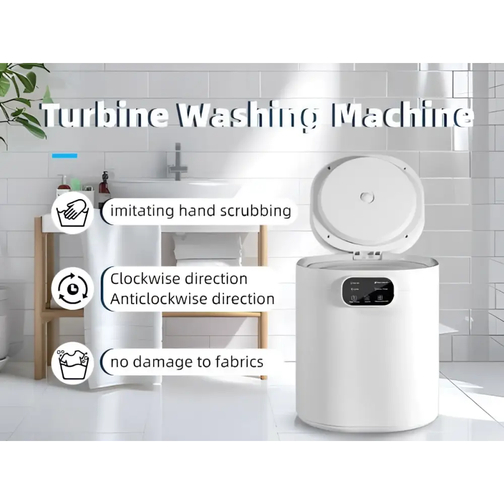 Portable white cylindrical turbine underwear washing machine with digital display and hinged lid for efficient mini underwear washing