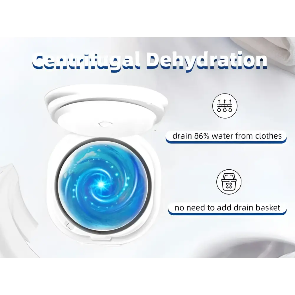 Portable white mini underwear washing machine featuring a white circular laundry dehydrator with a glowing blue spiral design