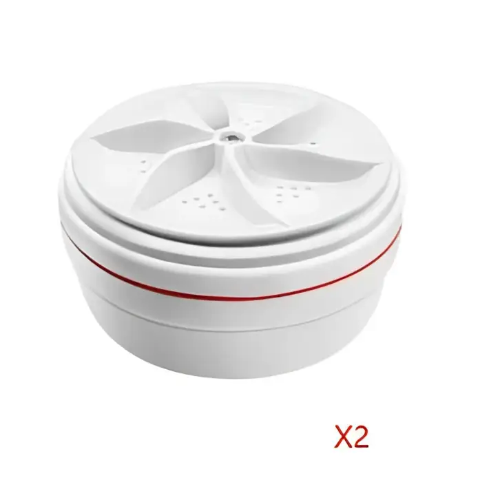 Portable white washing machine with red accent stripe and fan-like lid design for smart gadget use