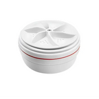 Portable white washing machine with red accent stripe and fan-like lid design for smart gadget use