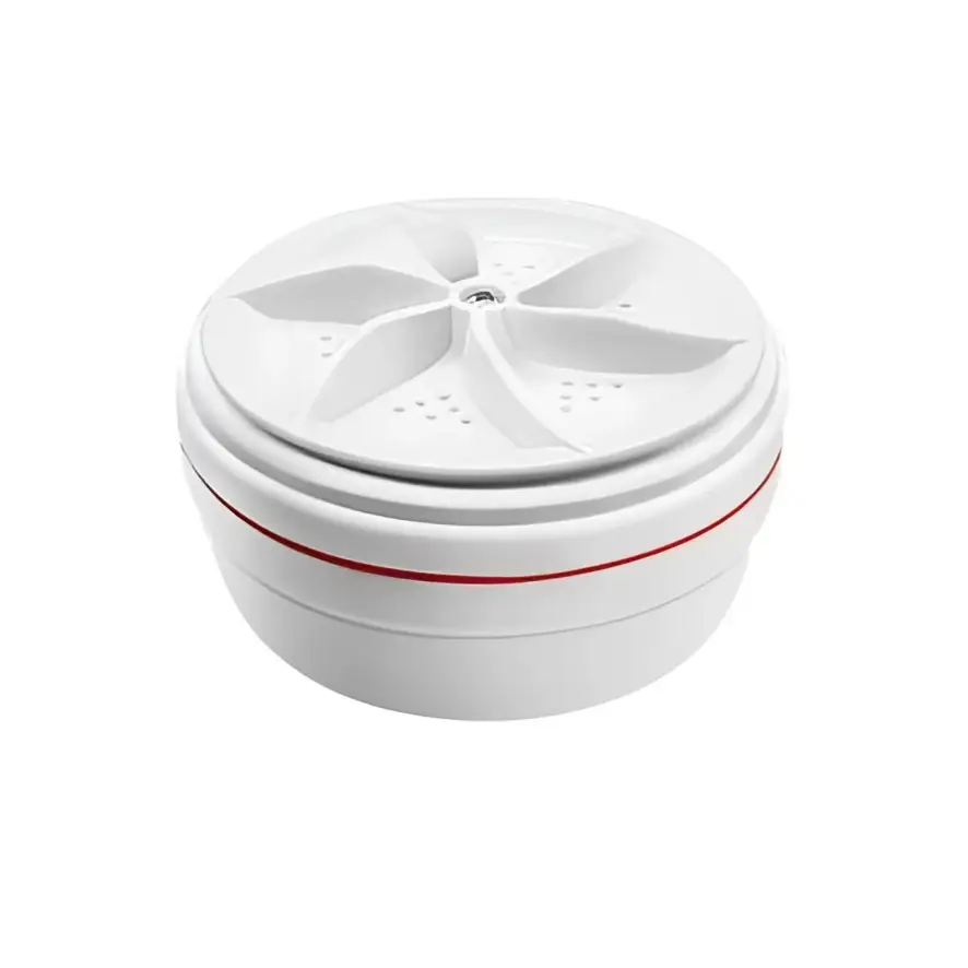 Portable white washing machine with red accent stripe and fan-like lid design for smart gadget use