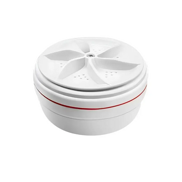 Portable white washing machine with red accent stripe and fan-like lid design for smart gadget use