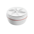Portable white washing machine with smart gadgets featuring a red accent stripe and circular fan-like lid design