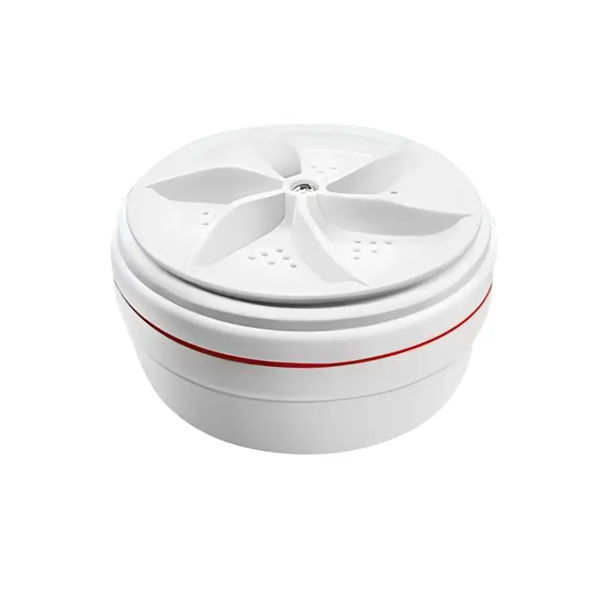 Portable white washing machine with smart gadgets featuring a red accent stripe and circular fan-like lid design