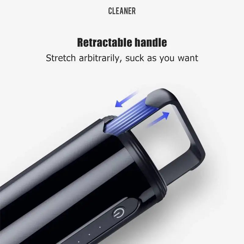 Black cylindrical portable wireless car vacuum cleaner x1pc original with retractable handle and power button in black and copper