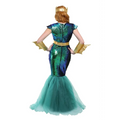 Poseidon queen king war costume featuring teal blue sequined mermaid design with gold crown belt and arm cuffs