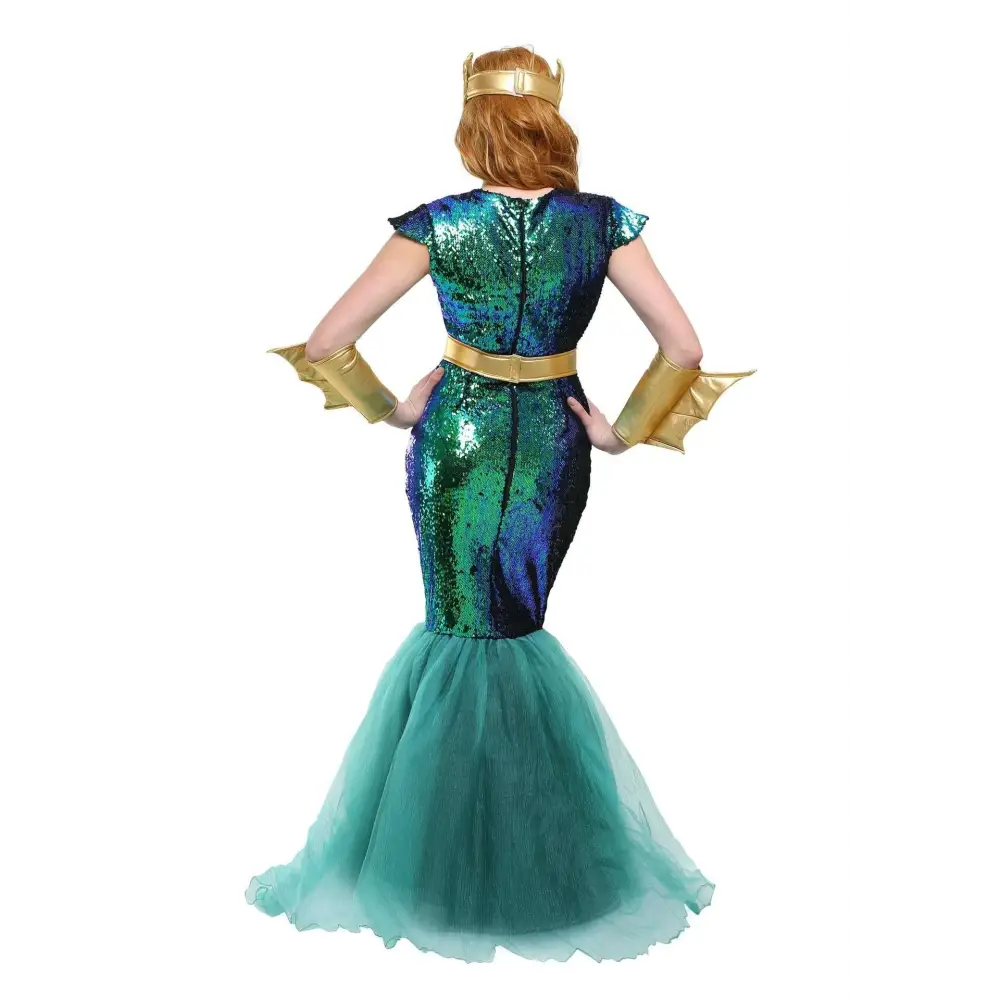 Poseidon queen king war costume featuring teal blue sequined mermaid design with gold crown belt and arm cuffs