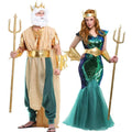 Poseidon queen king war costume featuring a teal and green sequined mermaid dress with gold accents and matching gold crown