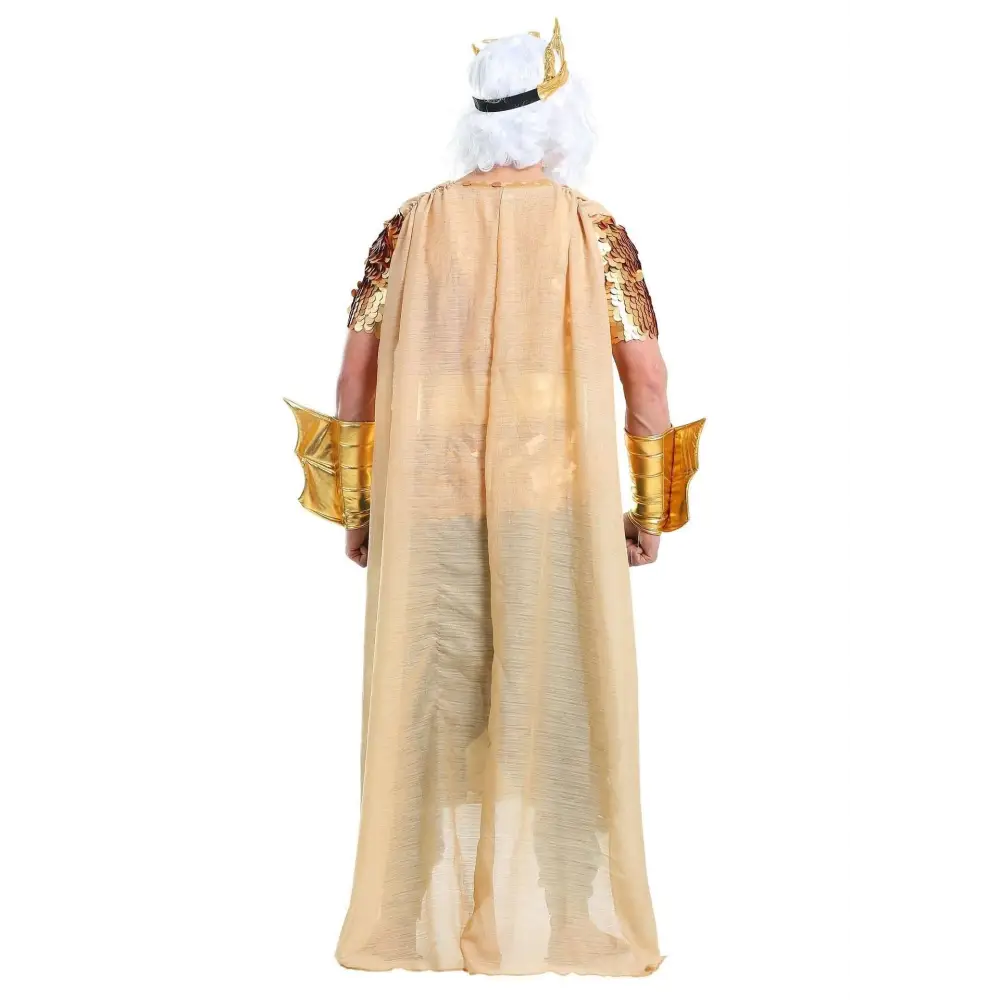 Gold trident held by cosplayer wearing poseidon queen king war costume featuring a gold crown and intricate design