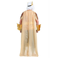 Poseidon queen king war costume featuring a gold-sequined beige cape with ornate golden arm guards and matching gold crown