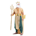 Poseidon queen king war costume featuring gold crown, two-toned beige and teal fabric, white beard, and trident prop