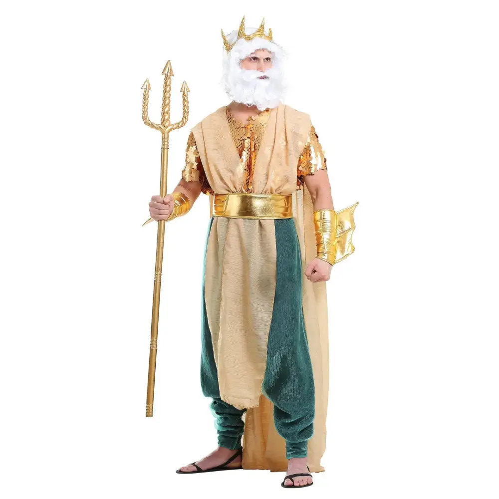 Poseidon queen king war costume featuring gold crown, two-toned beige and teal fabric, white beard, and trident prop