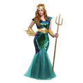 Poseidon queen king war costume featuring shimmering green teal sequins with gold crown belt arm cuffs and trident prop