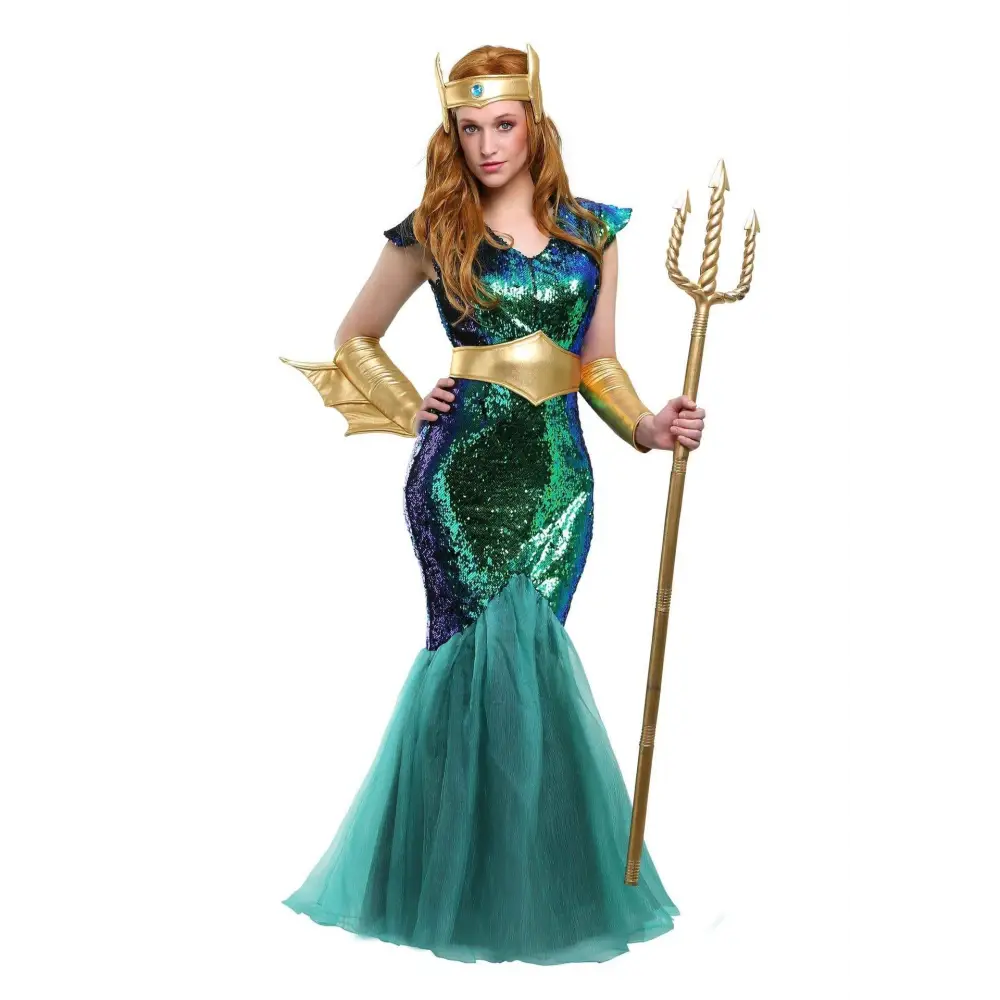 Poseidon queen king war costume featuring shimmering green teal sequins with gold crown belt arm cuffs and trident prop
