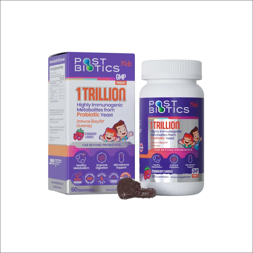 Purple and white postbiotic gummies box and bottle for kids with strawberry flavor supporting gut health and digestive health